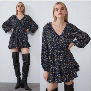 Zara Floral Long-Sleeve Ruffle Babydoll Mini Dress